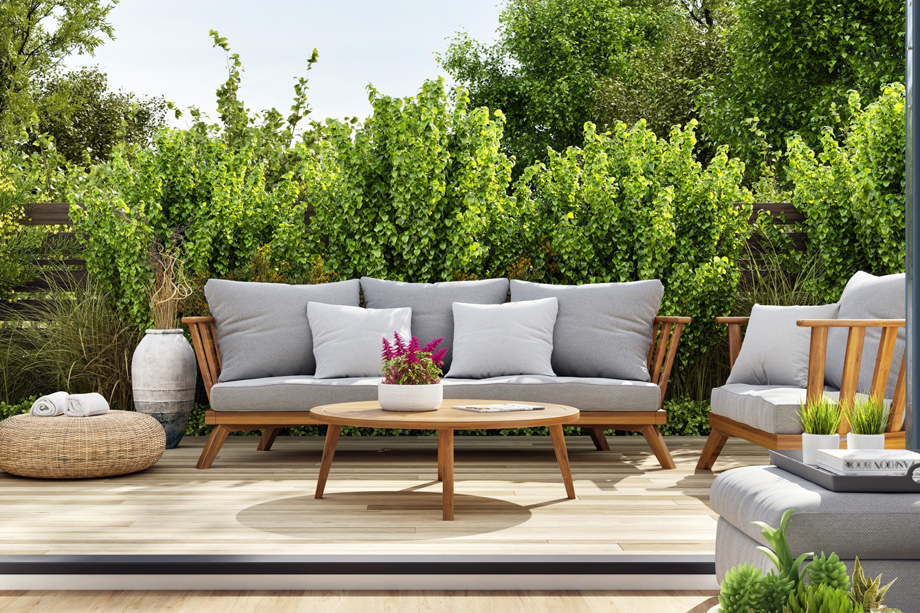 summer patio with white cushions