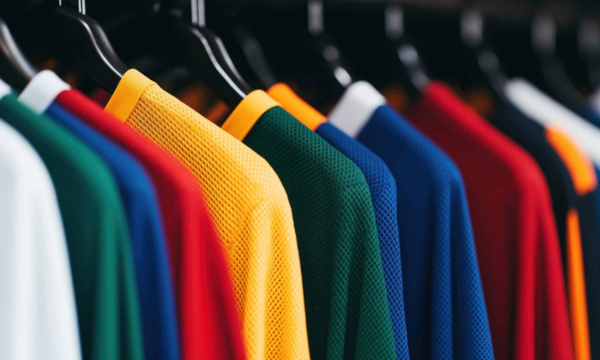Colorful jerseys hanging up