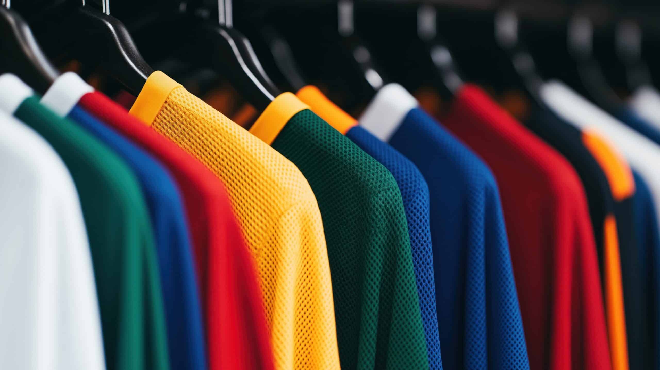 Colorful jerseys hanging up