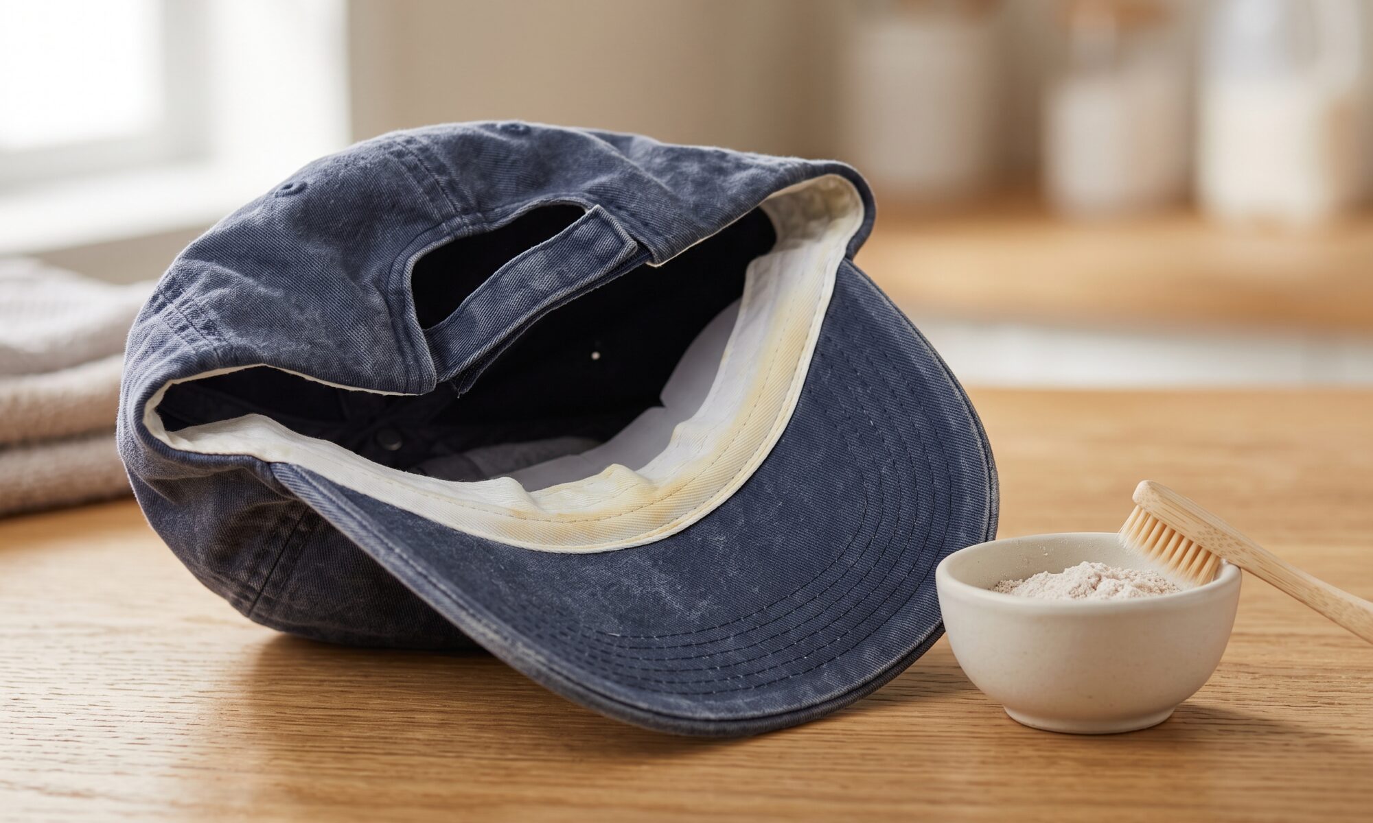 Navy baseball cap turned inside out showing a yellowed sweatband, next to a bowl of baking soda paste and a cleaning brush.