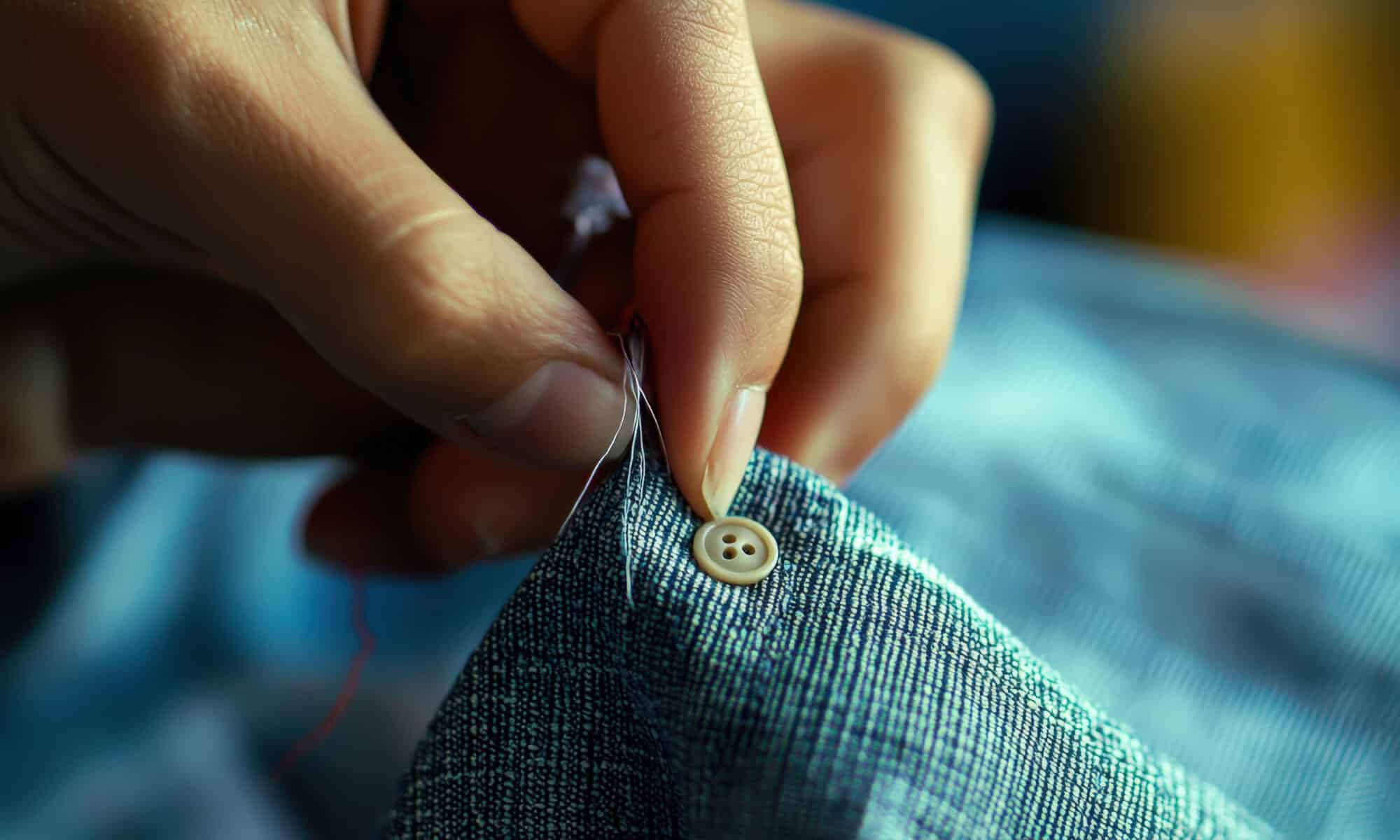 A close-up of a person carefully sewing a button onto a shirt, threading the needle through the fabric with precision.
