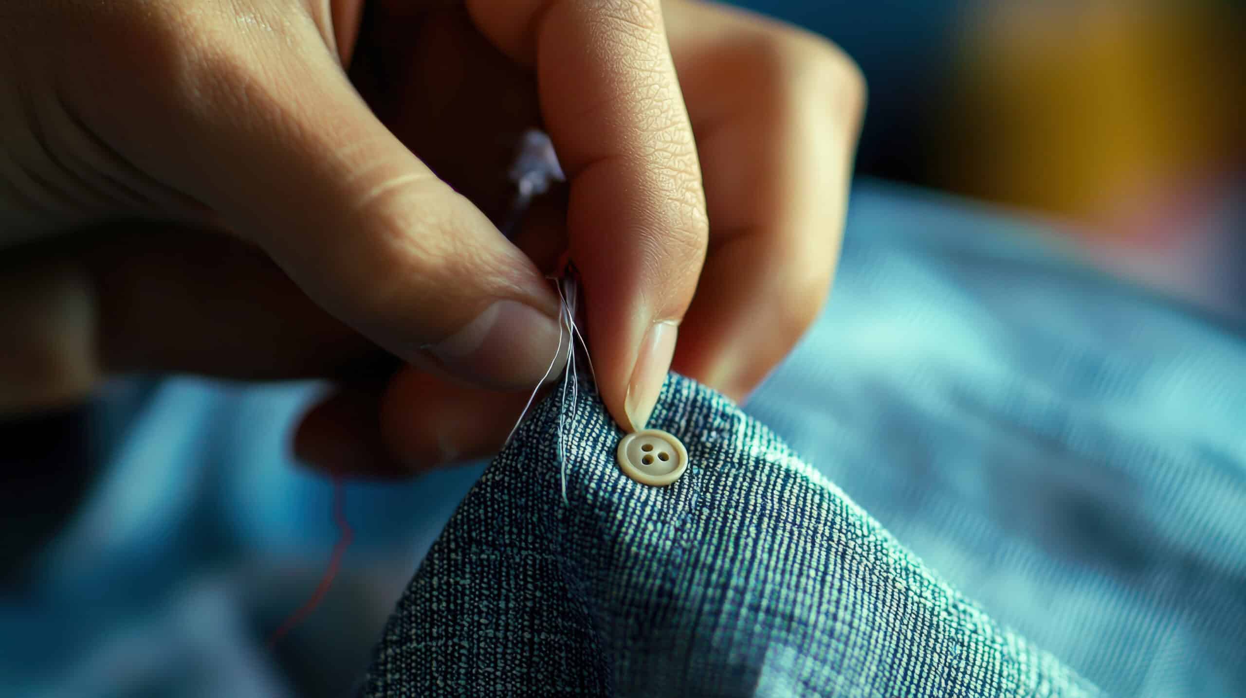 A close-up of a person carefully sewing a button onto a shirt, threading the needle through the fabric with precision.