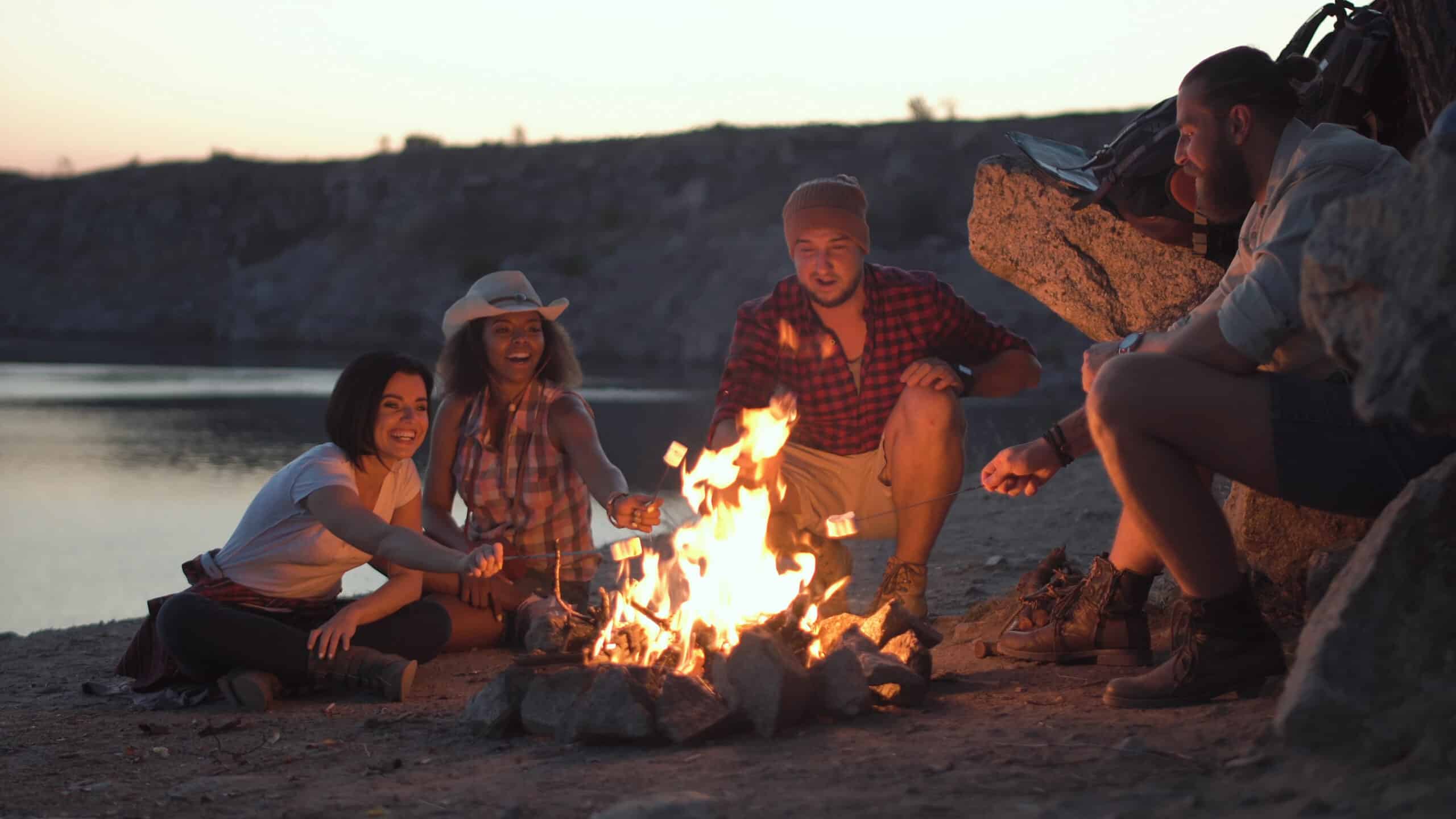Group of people sitting around campfire grilling marshmallows