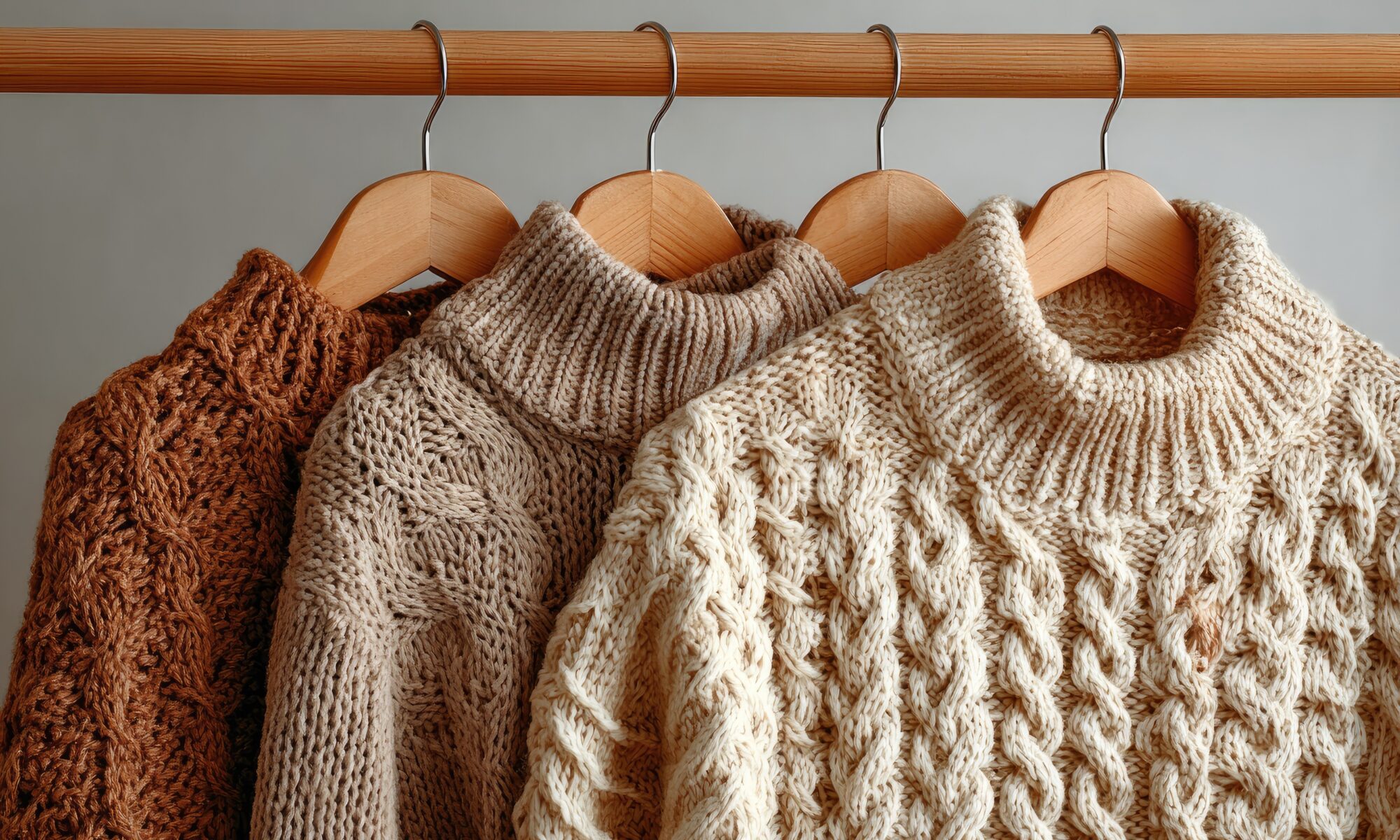 Three wool sweaters hanging up