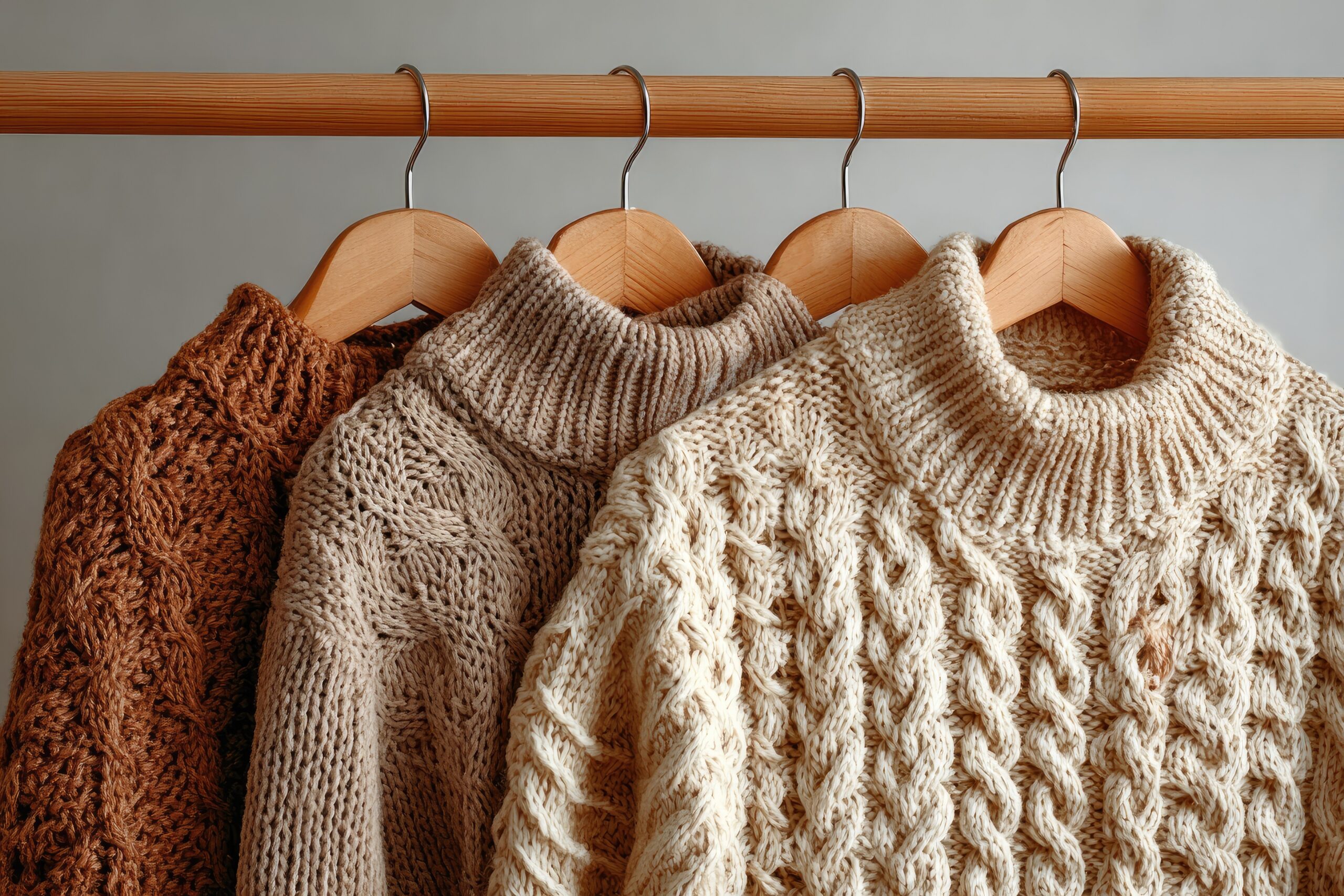Three wool sweaters hanging up