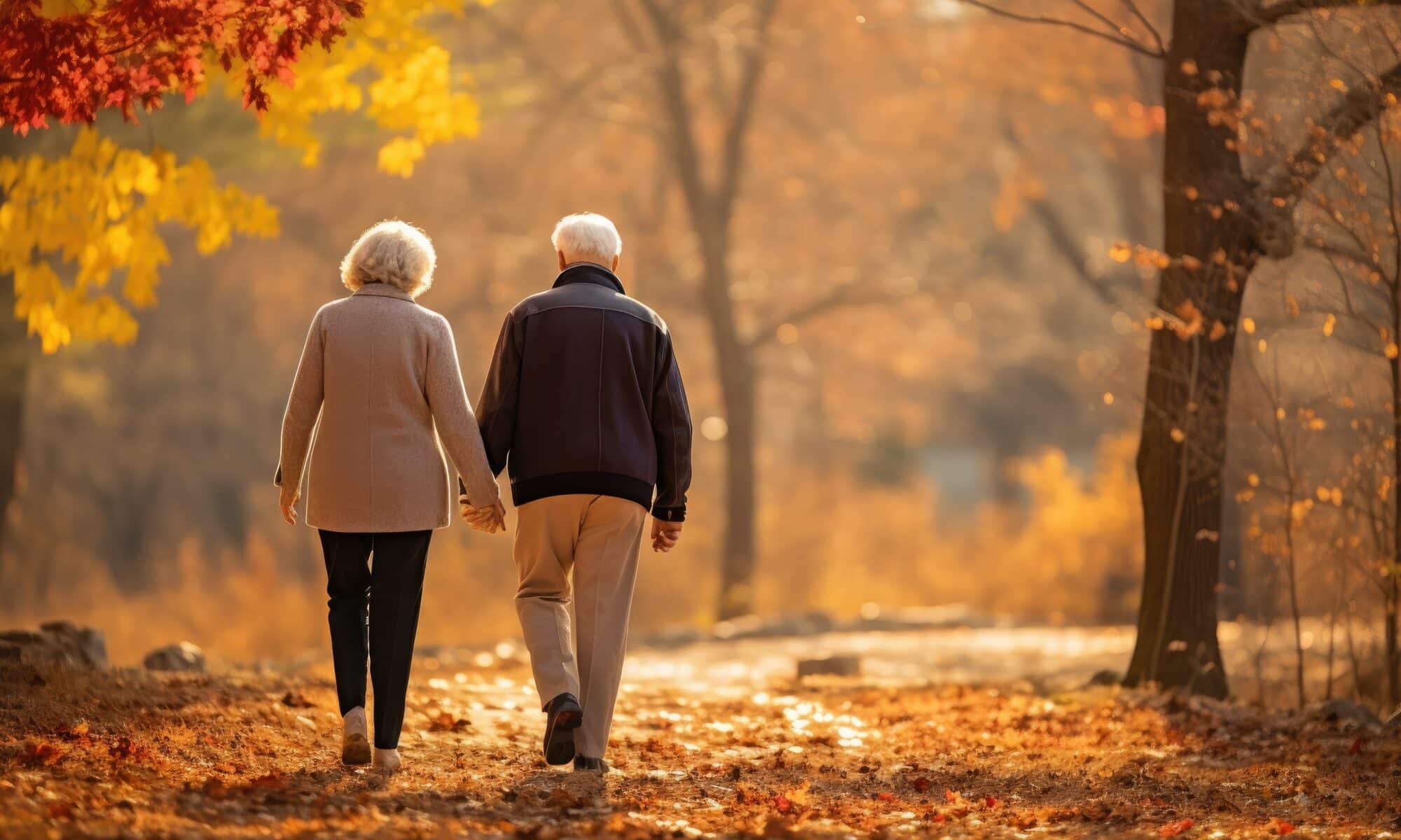 couple grandparent walking in autumn park