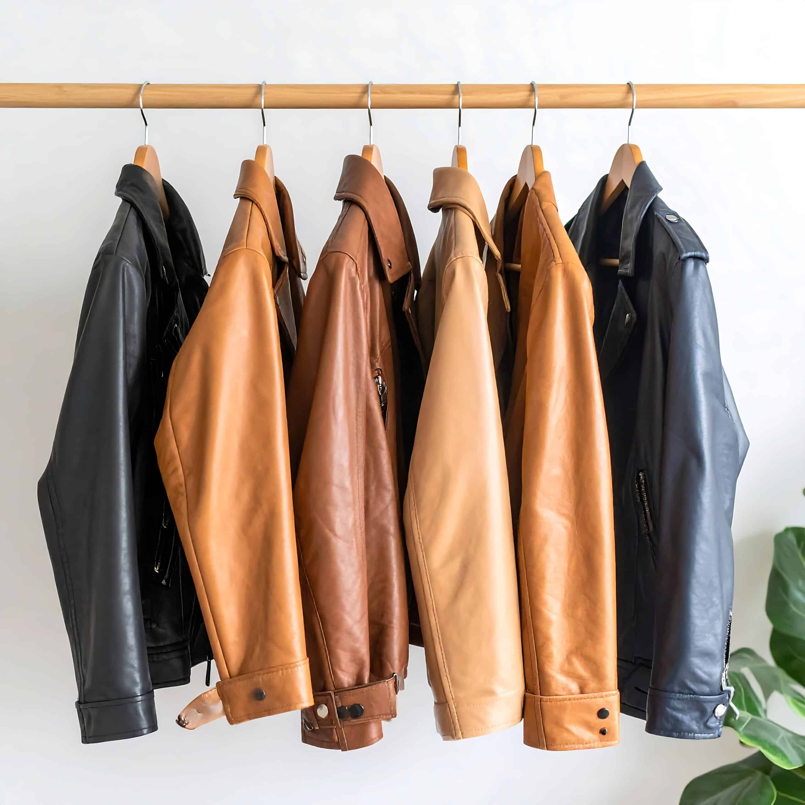 Five leather jackets in various shades of brown and black hang on a wooden rack against a white wall