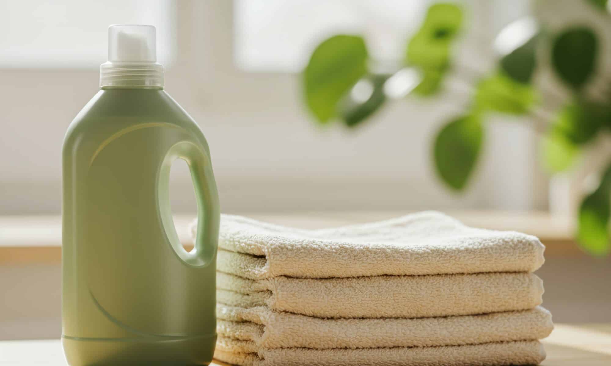 A clean and tidy laundry room background. There are towels and a plastic bottle of detergent on the table.