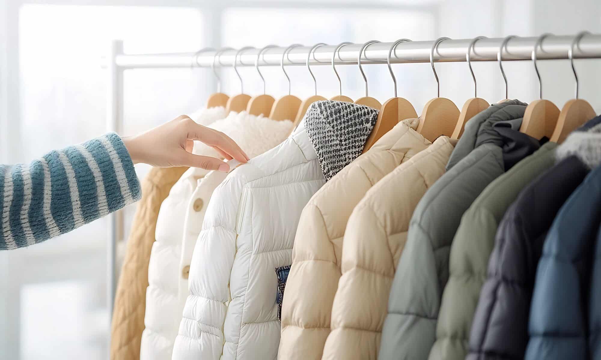 Close up of a woman s hand carefully inspecting the and texture of a stylish high end winter coat hanging on a clothing rack