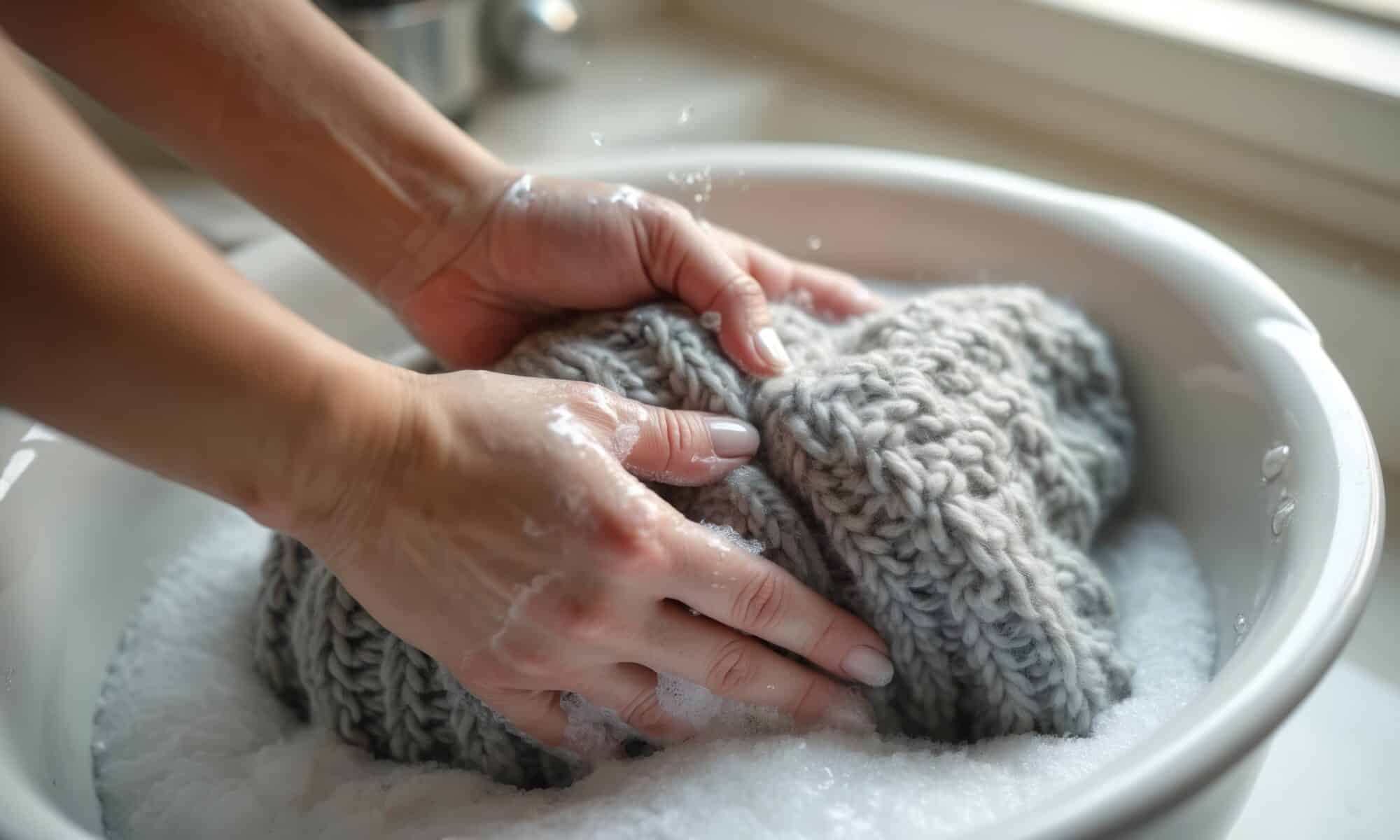 Hands gently wash gray knit sweater in basin filled with soapy water. Bubbles, suds indicate cleaning process. Manual laundry care for wool woolen garments, emphasizing fabric upkeep