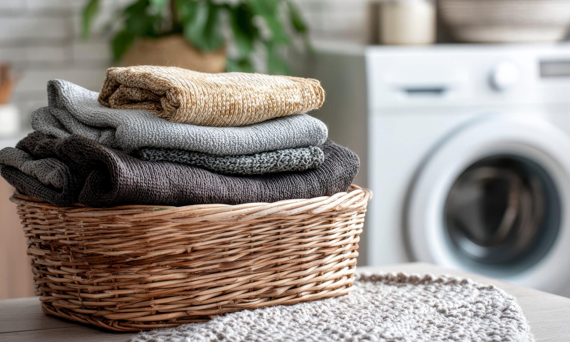 A stack of folded sweaters sits in a woven basket atop a wooden surface, with a washing machine in background