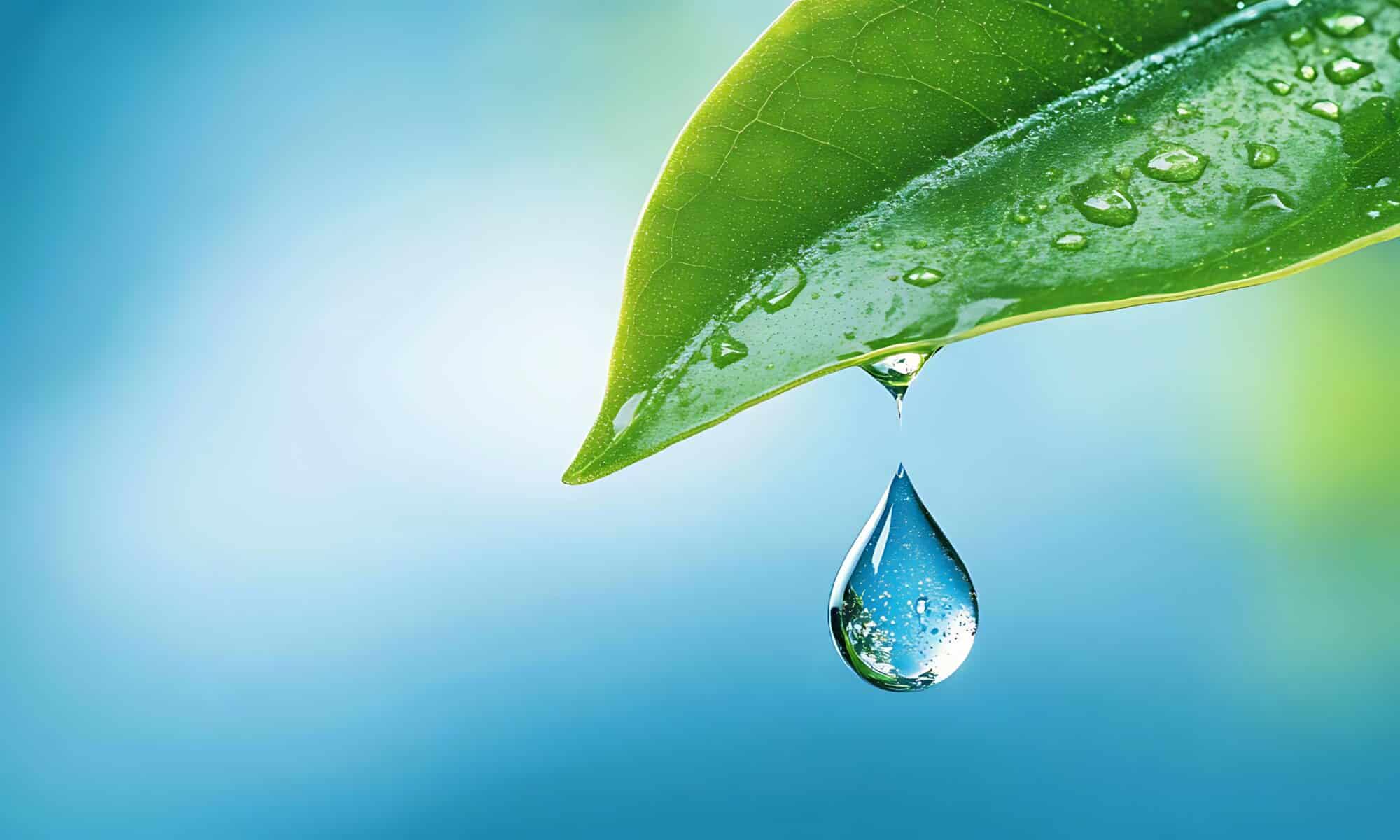 a single water droplet falls from a green leaf