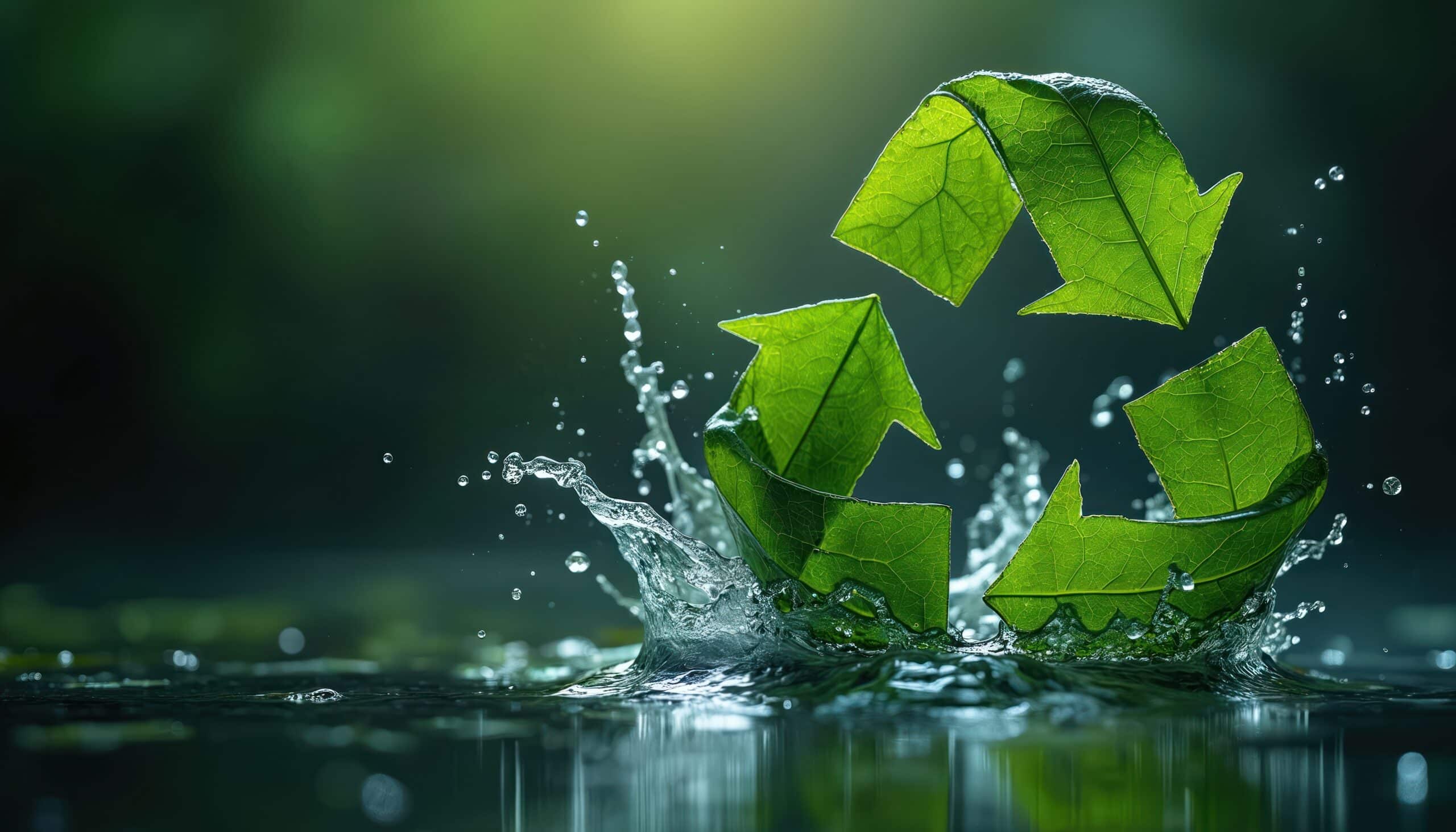 Green recycle symbol made of leaves splashes in water against dark background. Symbolizes sustainability and eco friendly nature. Clean water droplets fly and reflect. Nature concept