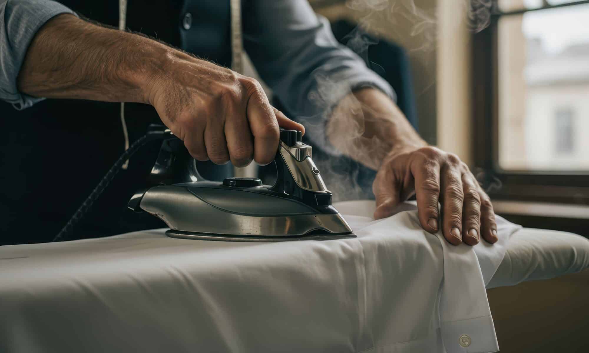 Person carefully presses a white dress shirt with steam, utilizing a classic iron on an ironing board, showcasing meticulous detail