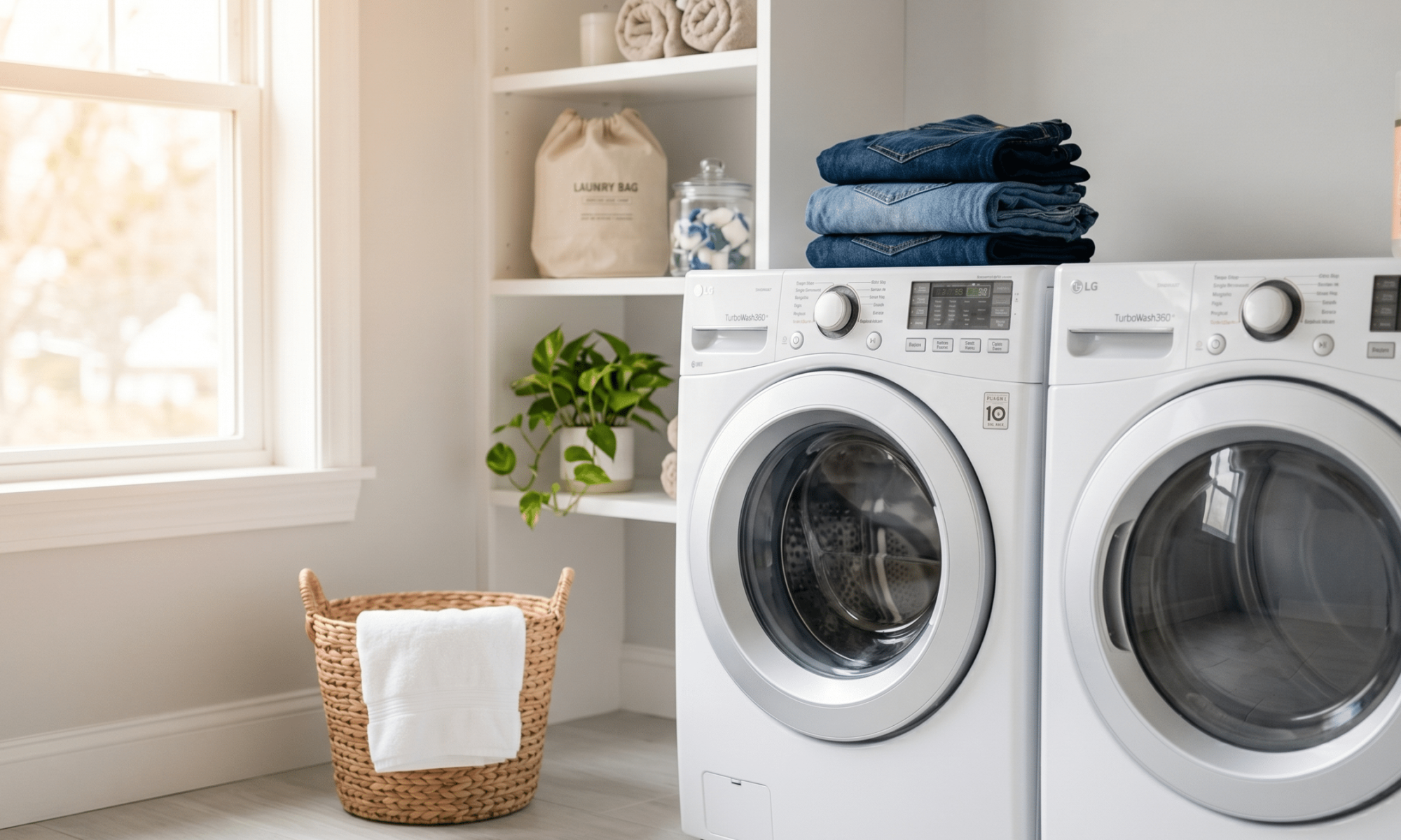 Stack of folded blue jeans sitting on top of a white front-load washer next to a matching dryer in a bright, modern laundry room.