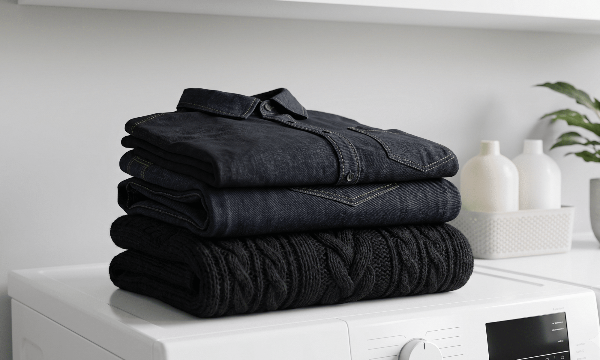 A stack of neatly folded black clothing, including a black t-shirt, dark jeans, and a black sweater, resting on top of a modern white front-load washing machine