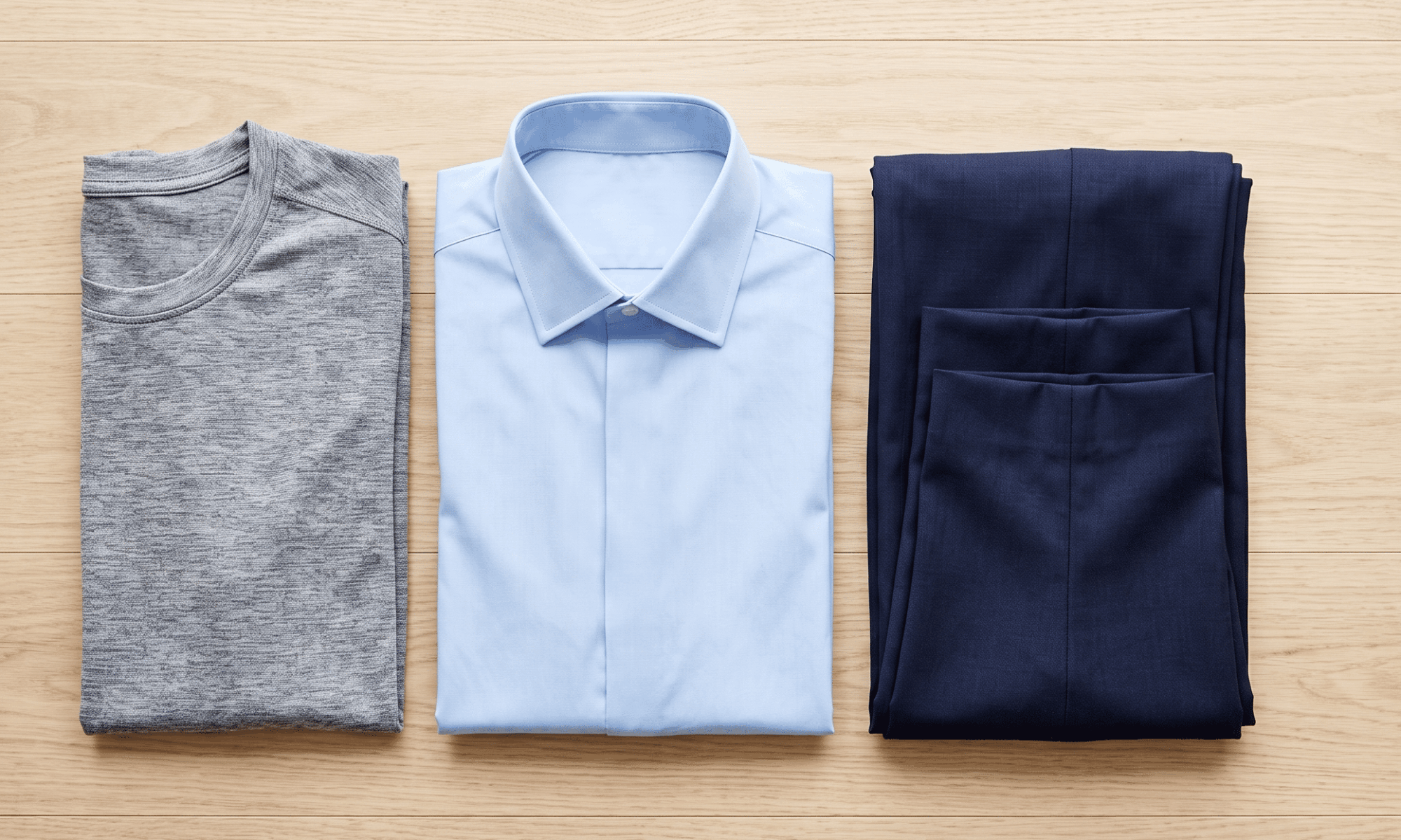 Three neatly folded clothing items arranged side by side on a light wooden surface